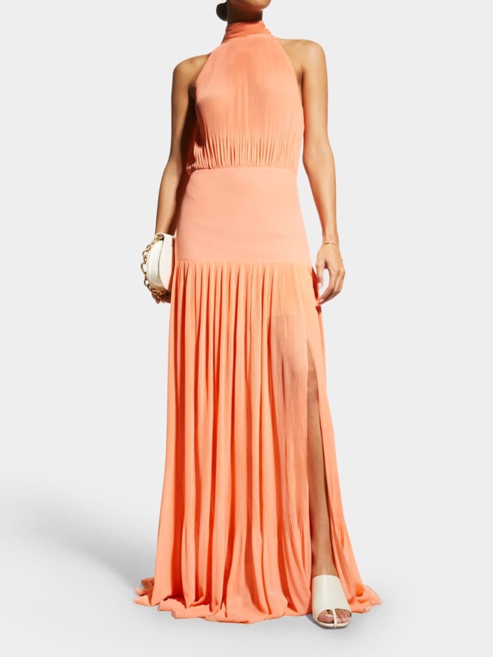 Veronica Beard Lilliana Pleated Halter Neck Coral Maxi Dress
